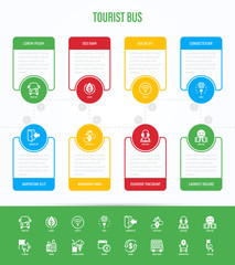 Tourist bus infographic with thin line icons: free wi-fi, schedule, emergency exit, tourist route,  socket, audio guide, luggage, refund, double decker. Template with copy space. Vector illustration.