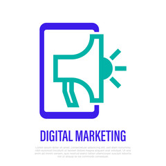 Digital marketing. Bullhorn on smartphone screen. Thin line icon. Advertising online, promotion on website. Vector illustration.