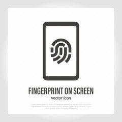 Fingerprint on smartphone screen. Authentication, identification on device thin line icon. Vector illustration.