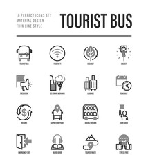 Tourist bus thin line icons set: free wi-fi, schedule, emergency exit, tourist route, departure point, socket, audio guide, luggage, refund, double decker. Vector illustration.