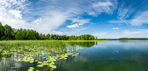 Panorama of beautiful summer day on masuria lake district in Poland - obrazy, fototapety, plakaty