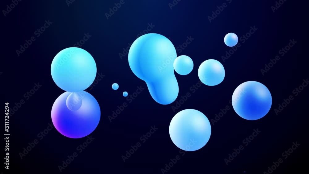 Poster 3d abstract background, droplets of molten wax with internal blue glow merge and fly apart in liquid