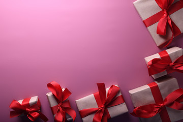  Valentine's day background greeting card love symbols , red decoration with gifts boxes on pink...