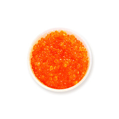 Can of red caviar, top view. Red caviar isolated on white background