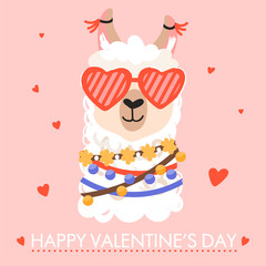 Valentine's day greeting card. Cute cartoon alpaca with heart shape sunglasses. Vector illustration for greeting cards, t-shirts, posters etc.