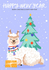 Merry Christmas and Happy New Year greeting card. Cute cartoon alpaca with gift and fir-tree. Vector illustration for greeting cards, sticker, posters, nursery room etc.