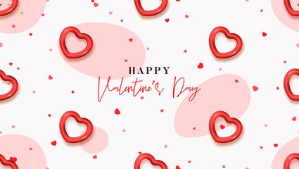 Happy Valentine's Day background. Seamless decorative pattern. Vector illustration with realistic red hearts and confetti on white background. Holiday gift card. Festive greeting banner.