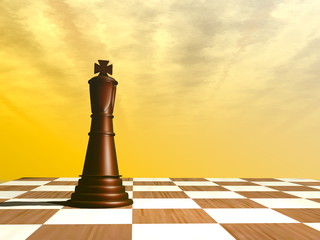 Chess wooden King alone on a chessboard - 3D render