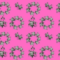 A seamless pattern of black and white peonies on a colored background