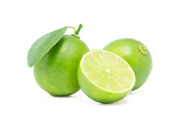 Fresh lime cut half with green leaf isolated on white background with clipping path