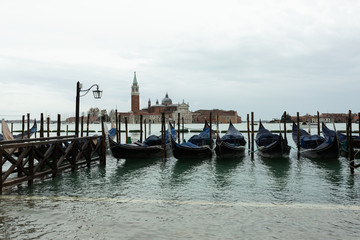 view of gondolas in Venice looking toward the island of Giudecca