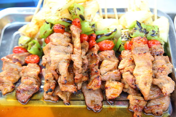 Pork Barbecue with Ketchup in a Thai market , Thai traditional style