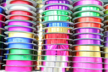 Colorful fabric ribbon tapes in shop