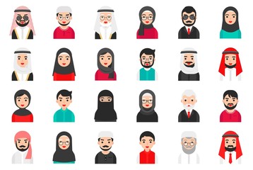 Muslim avatar vector icon set, flat style