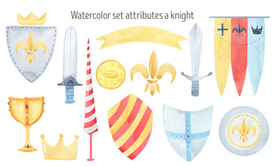 Watercolor set attributes knight shields, swords, Cup, crown, banner, coin