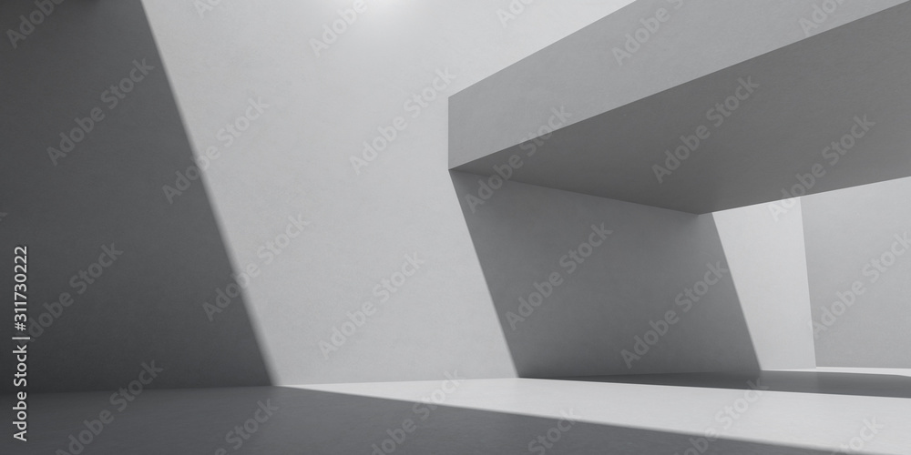 Poster Abstract of concrete interior space with sun light cast the shadow on the wall and floor,Geometric structure design,Perspective of brutalism  architecture,3d rendering.