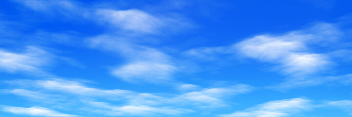 Colorful panoramic landscape: blue sky and fluffy clouds.  (Plane backplate, 3D rendering computer digitally generated illustration.)