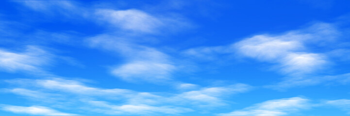 Obraz premium Colorful panoramic landscape: blue sky and fluffy clouds. (Plane backplate, 3D rendering computer digitally generated illustration.)