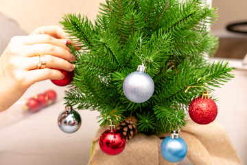 Christmas background. Branch of spruce tree. Christmas balls on the Christmas tree.