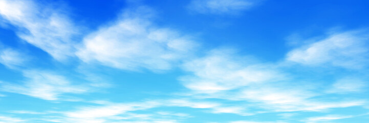 Colorful panoramic landscape: blue sky and fluffy clouds.  (Plane backplate, 3D rendering computer digitally generated illustration.)