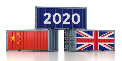 Year 2020 - Freight container with United Kingdom and China flag. 3D Rendering