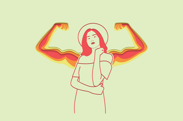 Strong women with arm muscles. Feminism, girl power, International Women's Day concept. Paper cut Vector illustration.