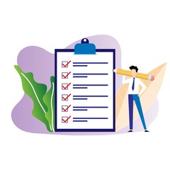 Concept of business organization and achievement of goal, checklist with tick mark the questionnaires. Businessman holding a big pencil to complete checklist by tick the square.