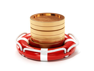 Stack of coins with lifebuoy