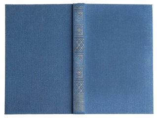 Open old book with vintage blue cover isolated on white, top view