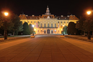 The County Hall in Sombor, Serbia at night.