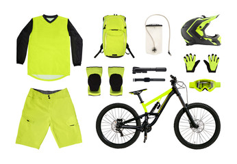 Set of downhill mountain bike equipment, clothes and accessories isolated on white background