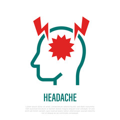 Headache or migraine thin line icon. Acute pain in head. Symptom of brain abscess. Vector illustration.