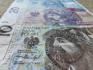 Polish Zloty. Official Currency of Poland in Denominations. Zlotych Macro Shot.