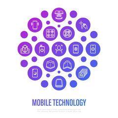 Modern mobile technology concept in circle shape. Thin line icons. Foldable smartphone, face recognition, curved edges, gesture sensor, vr, wireless charger, deep photo analysis. Vector illustration.