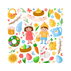 Cartoon Easter Day, kids boy girl in costumes, easter eggs, spring flowers, rabbit, chiken, willow branch, floral wreath, tulips, cake, isolated on white for cards, print, your designs - vector