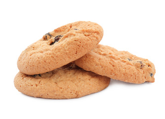 Delicious cookies with raisins on white background