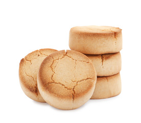 Sweet delicious butter cookies on white background