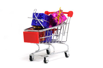 Shopping Cart and presents gift box isolated white background - Shopping stores to buy xmas goods concept 