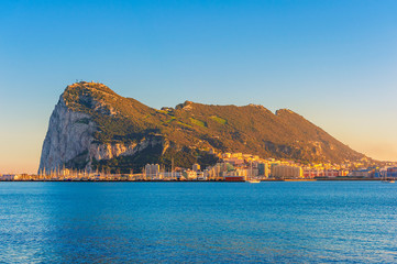 Rock of Gibraltar around sunset, seen from the city of La Linea de Concepción in Spain