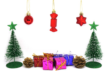 Xmas or Christmas tree and many present boxes isolated white background and copy space - holiday end of year , new year party , christmas day