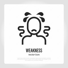 Weakness thin line icon. Man feels tired and ill. Symptom of infection, influenza or flu. Vector illustration.