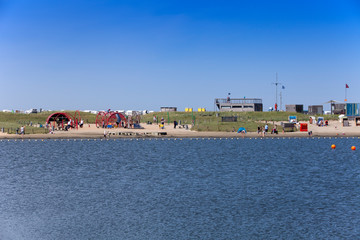 View of the beach area of the family lagoon Perlebucht, Büsum, North Sea, Germany