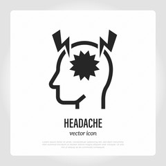 Headache or migraine thin line icon. Acute pain in head. Symptom of brain abscess. Vector illustration.