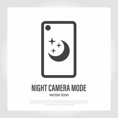 Camera night mode on smartphone. Moon with stars sign on screen. Thin line icon. Mobile technology. Modern vector illustration.