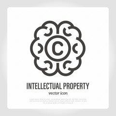 Intellectual property thin line icon. Brain with copyright symbol. Idea protection. Vector illustration.
