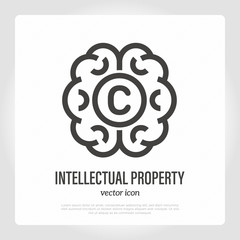Intellectual property thin line icon. Brain with copyright symbol. Idea protection. Vector illustration.