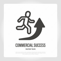 Commercial success. Thin line icon. Man running for arrow upward. Vector illustration.