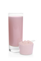 Protein shake and powder isolated on white