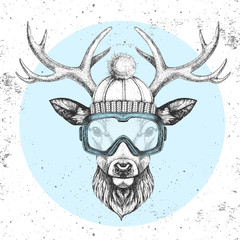 Hipster animal deer in winter hat and snowboard goggles. Hand drawing Muzzle of deer