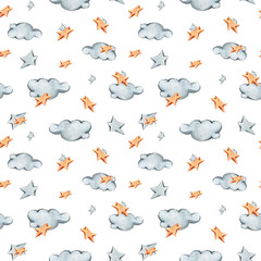 Watercolor hand painted stars and clouds. Cute cartoon characters. Lovely illustration. Seamless pattern on white background